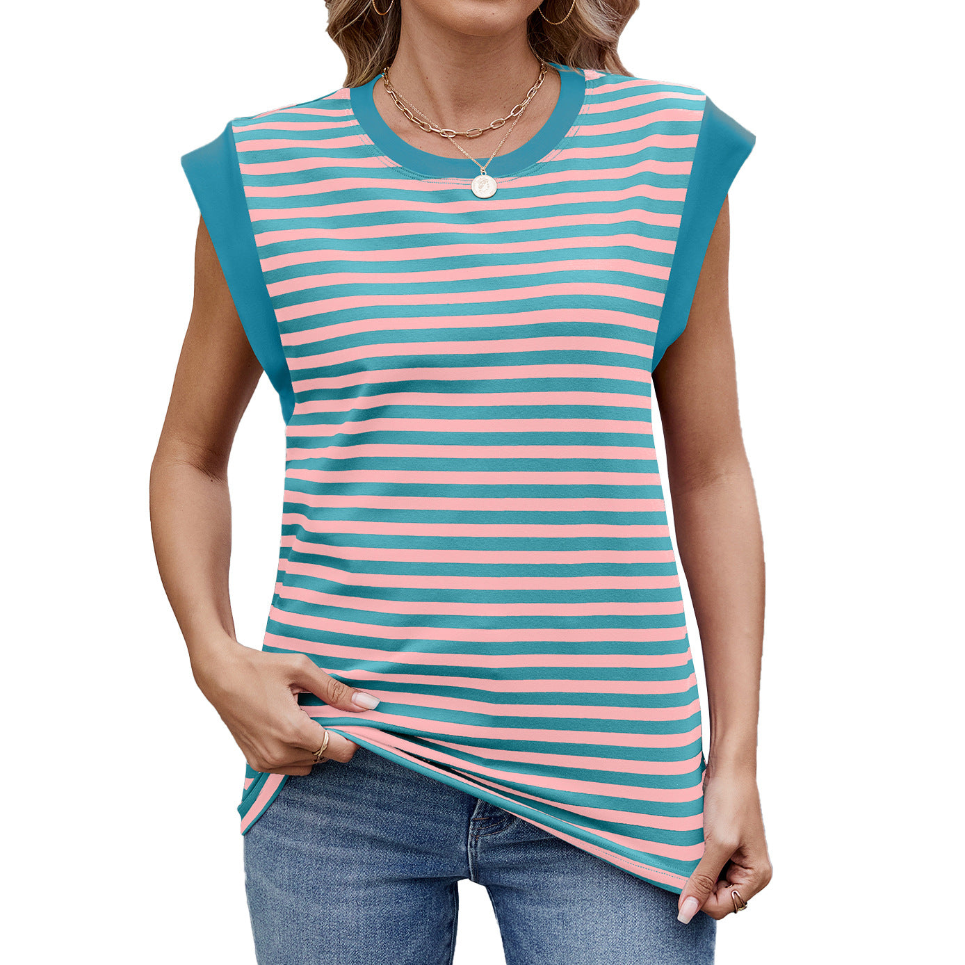 Women Striped Color Contrast Round Neck Loose Short Sleeve Tshirt