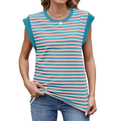 Women Striped Color Contrast Round Neck Loose Short Sleeve Tshirt