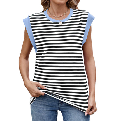 Women Striped Color Contrast Round Neck Loose Short Sleeve Tshirt