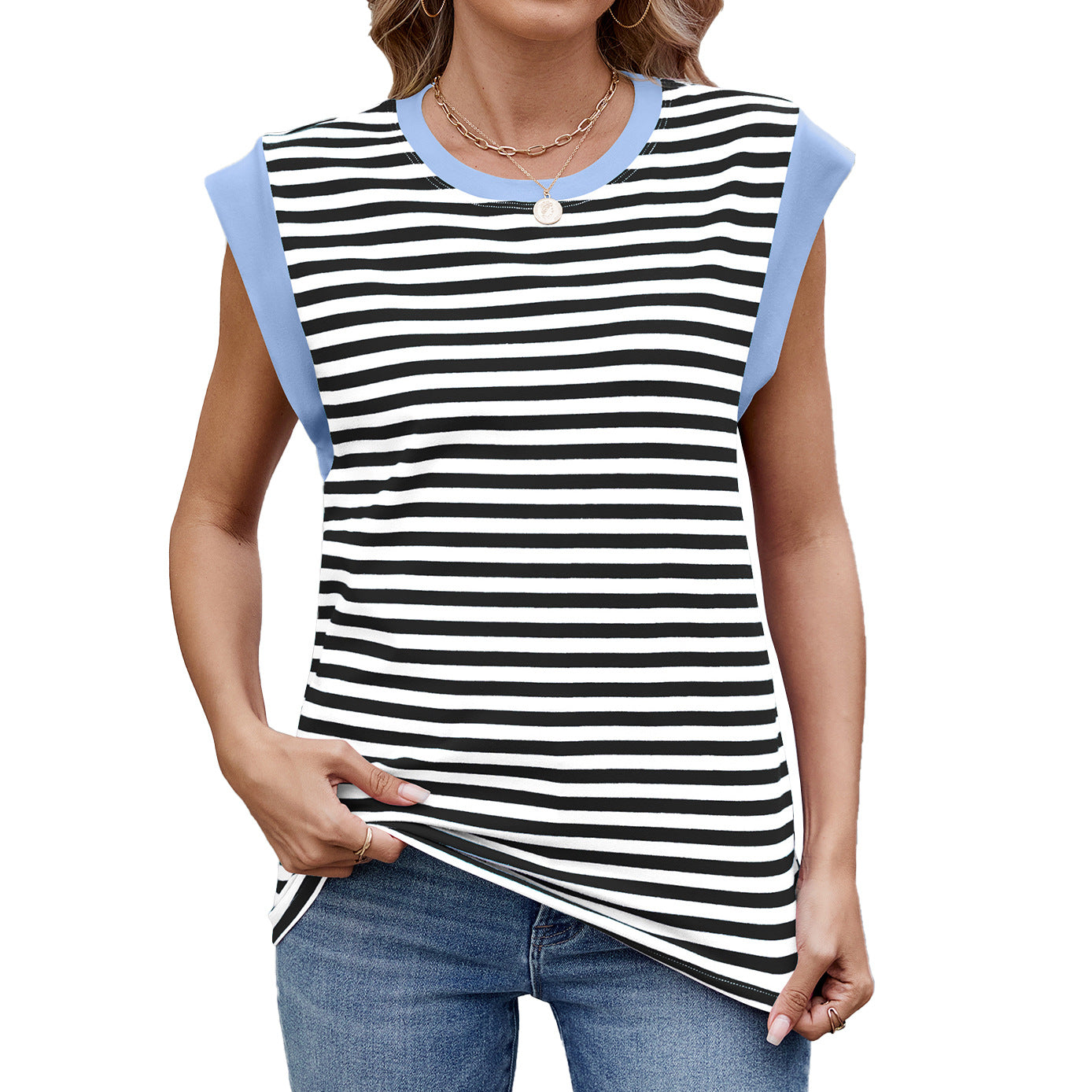 Women Striped Color Contrast Round Neck Loose Short Sleeve Tshirt
