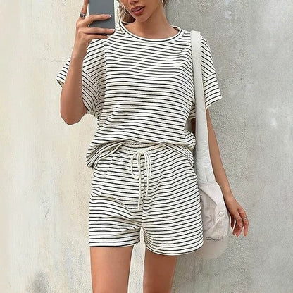 Women Striped Two-Piece Casual Short Sleeve Top and Shorts Suit