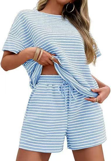 Women Striped Two-Piece Casual Short Sleeve Top and Shorts Suit