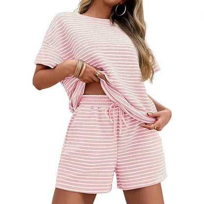 Women Striped Two-Piece Casual Short Sleeve Top and Shorts Suit