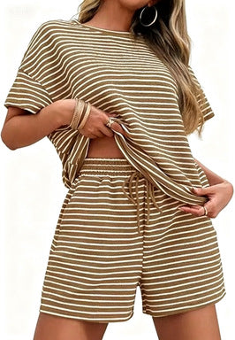 Women Striped Two-Piece Casual Short Sleeve Top and Shorts Suit