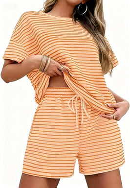 Women Striped Two-Piece Casual Short Sleeve Top and Shorts Suit