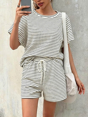 Women Striped Two-Piece Casual Short Sleeve Top and Shorts Suit