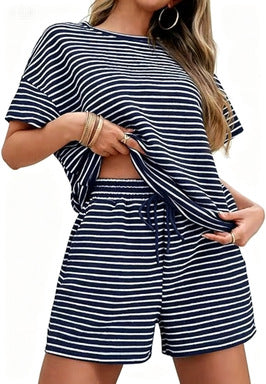 Women Striped Two-Piece Casual Short Sleeve Top and Shorts Suit