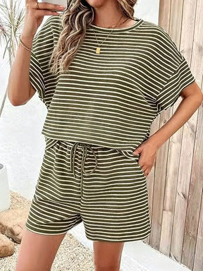 Women Striped Two-Piece Casual Short Sleeve Top and Shorts Suit