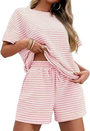 Women Striped Two-Piece Casual Short Sleeve Top and Shorts Suit