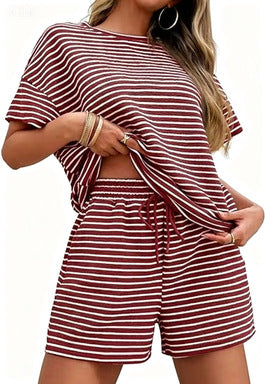 Women Striped Two-Piece Casual Short Sleeve Top and Shorts Suit