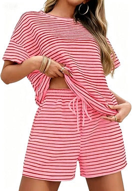 Women Striped Two-Piece Casual Short Sleeve Top and Shorts Suit