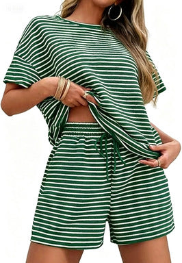 Women Striped Two-Piece Casual Short Sleeve Top and Shorts Suit