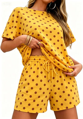 Women Striped Two-Piece Casual Short Sleeve Top and Shorts Suit