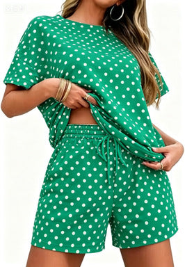 Women Striped Two-Piece Casual Short Sleeve Top and Shorts Suit