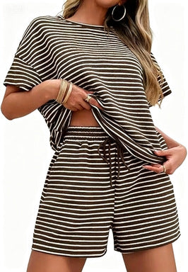 Women Striped Two-Piece Casual Short Sleeve Top and Shorts Suit