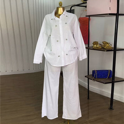 Women Sweet Fresh Beaded Shirt High Waisted Pants Set