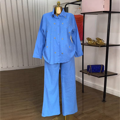 Women Sweet Fresh Beaded Shirt High Waisted Pants Set