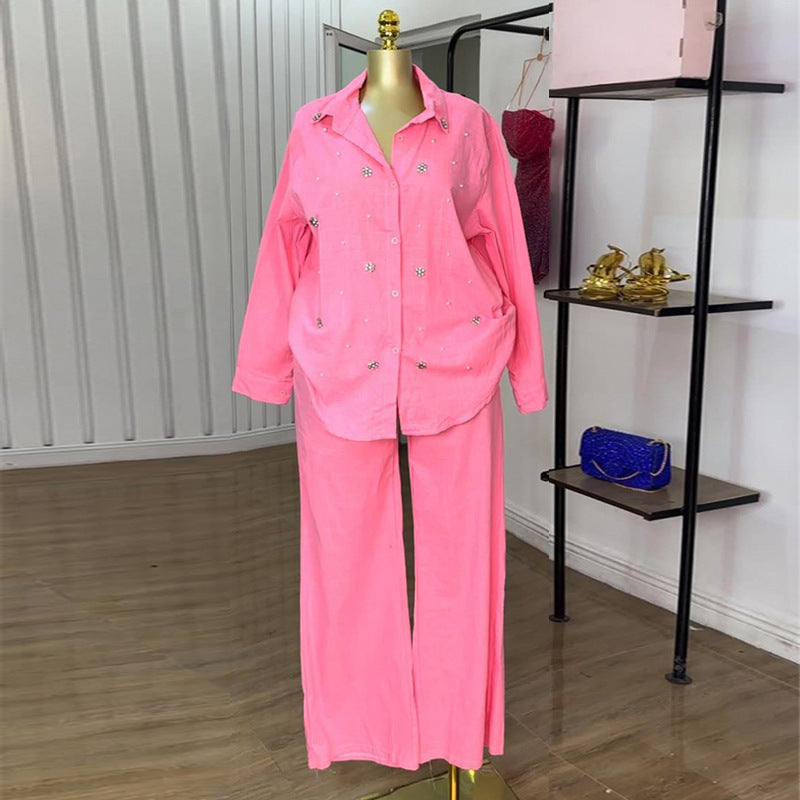 Women Sweet Fresh Beaded Shirt High Waisted Pants Set