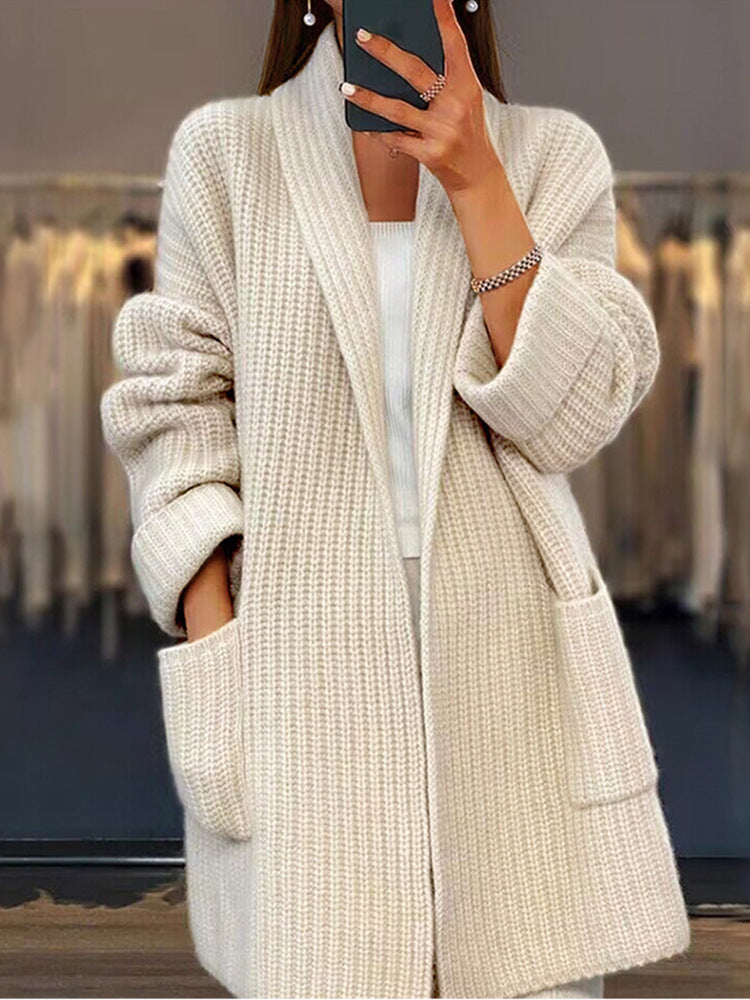Women Thick V-Neck Knitted Cardigan Solid Color Loose Pocket Sweater Jacket