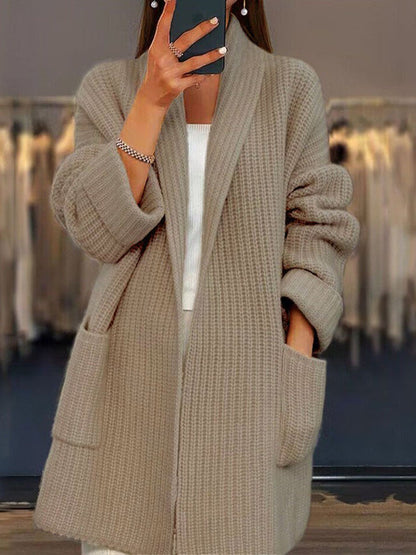 Women Thick V-Neck Knitted Cardigan Solid Color Loose Pocket Sweater Jacket