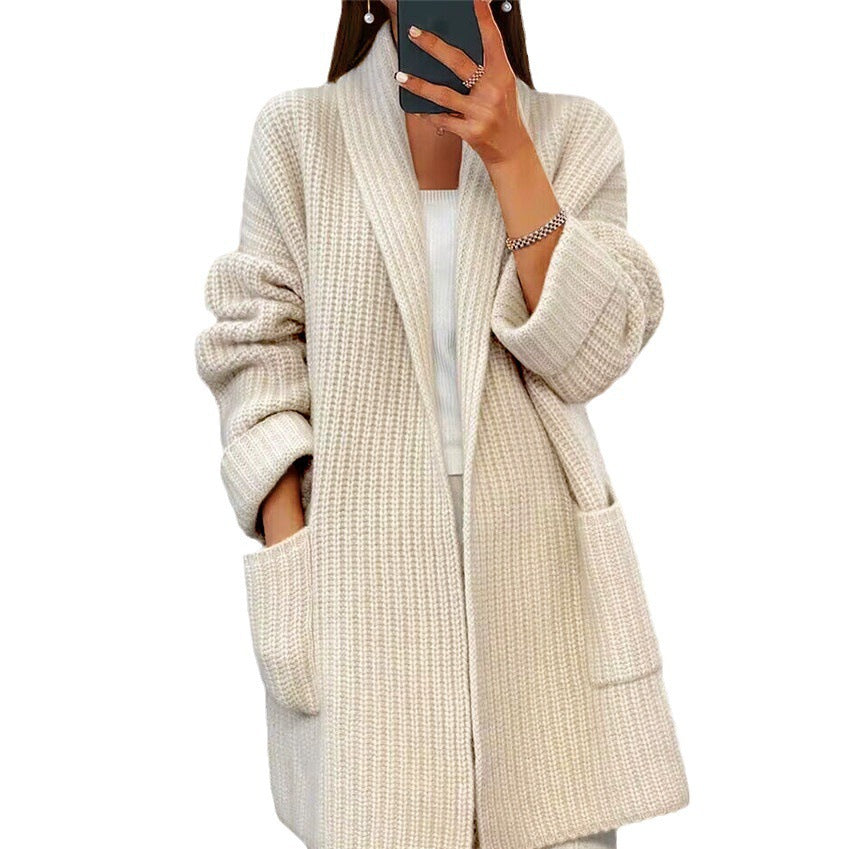 Women Thick V-Neck Knitted Cardigan Solid Color Loose Pocket Sweater Jacket