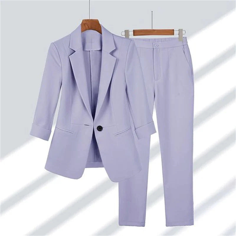 Women Two Piece Suit Set 2025 Spring Summer Simple Solid Color Slim Fit Blazer and Pants Set