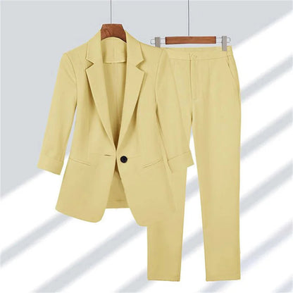 Women Two Piece Suit Set 2025 Spring Summer Simple Solid Color Slim Fit Blazer and Pants Set