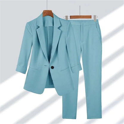 Women Two Piece Suit Set 2025 Spring Summer Simple Solid Color Slim Fit Blazer and Pants Set