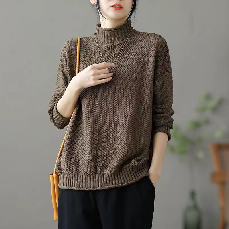 Women Vintage Half Turtleneck Sweater Loose Oversized Knit Pullover