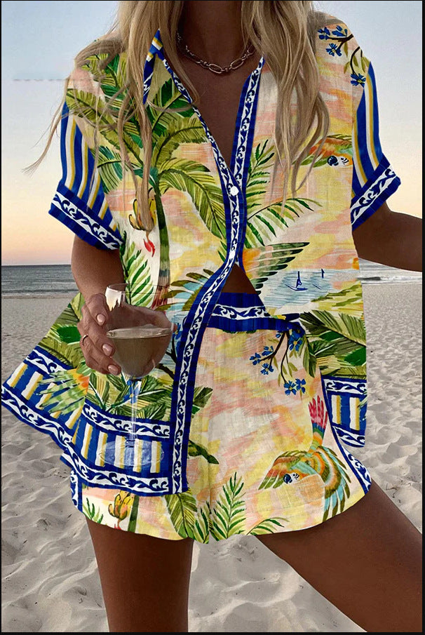 Womens 3D Floral Print Casual Vacation Shirt and Shorts Set