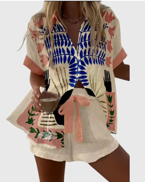 Womens 3D Floral Print Casual Vacation Shirt and Shorts Set