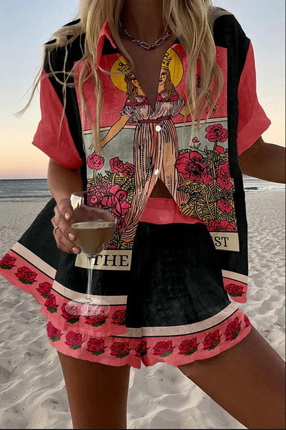 Womens 3D Floral Print Casual Vacation Shirt and Shorts Set
