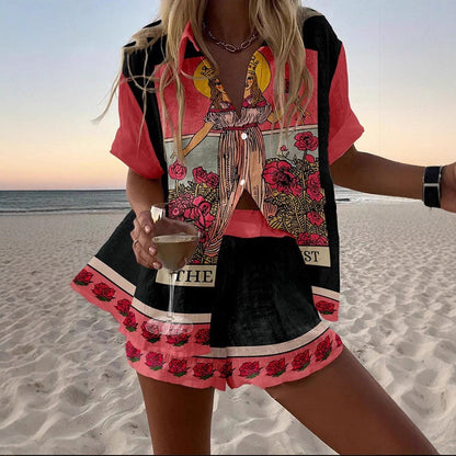 Womens 3D Floral Print Casual Vacation Shirt and Shorts Set