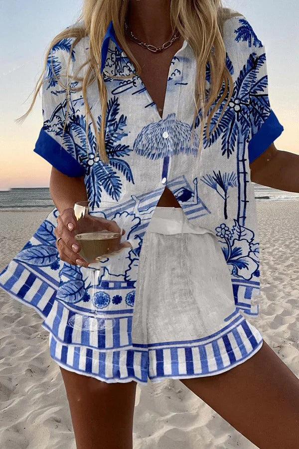 Womens 3D Floral Print Casual Vacation Shirt and Shorts Set