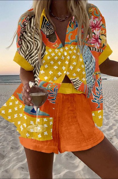 Womens 3D Floral Print Casual Vacation Shirt and Shorts Set