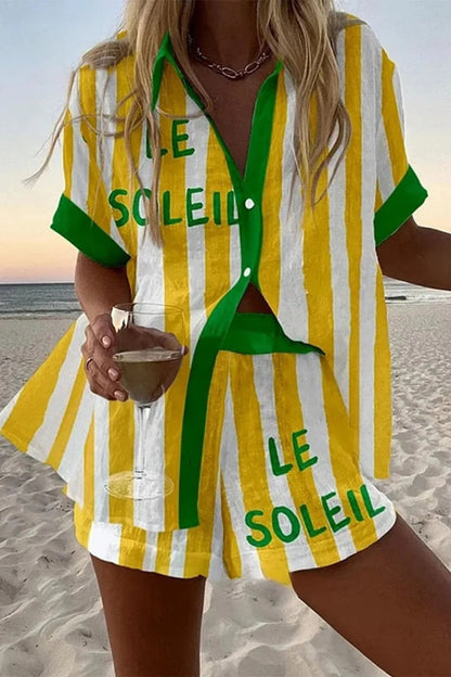 Womens 3D Floral Print Casual Vacation Shirt and Shorts Set