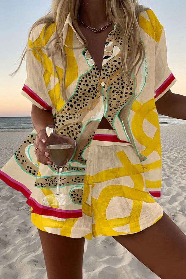 Womens 3D Floral Print Casual Vacation Shirt and Shorts Set