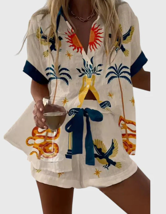 Womens 3D Floral Print Casual Vacation Shirt and Shorts Set