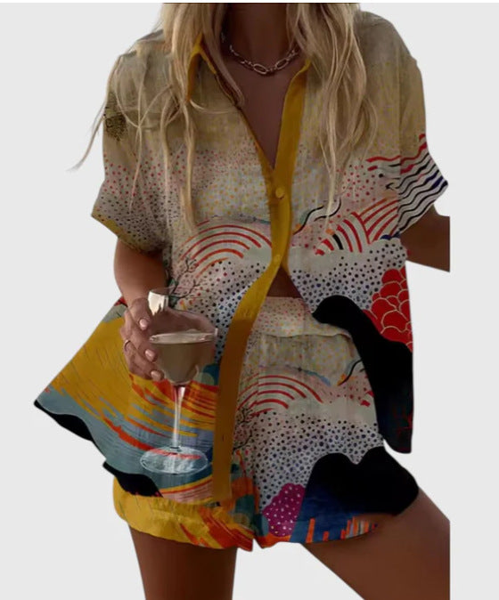 Womens 3D Floral Print Casual Vacation Shirt and Shorts Set