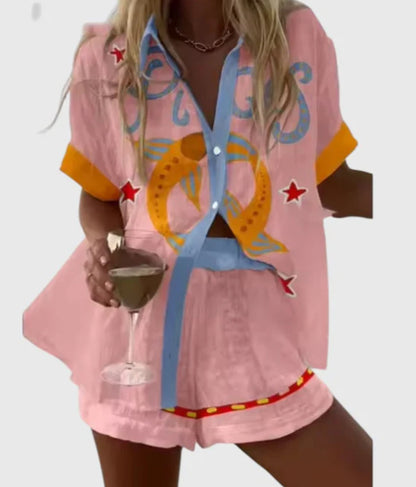 Womens 3D Floral Print Casual Vacation Shirt and Shorts Set