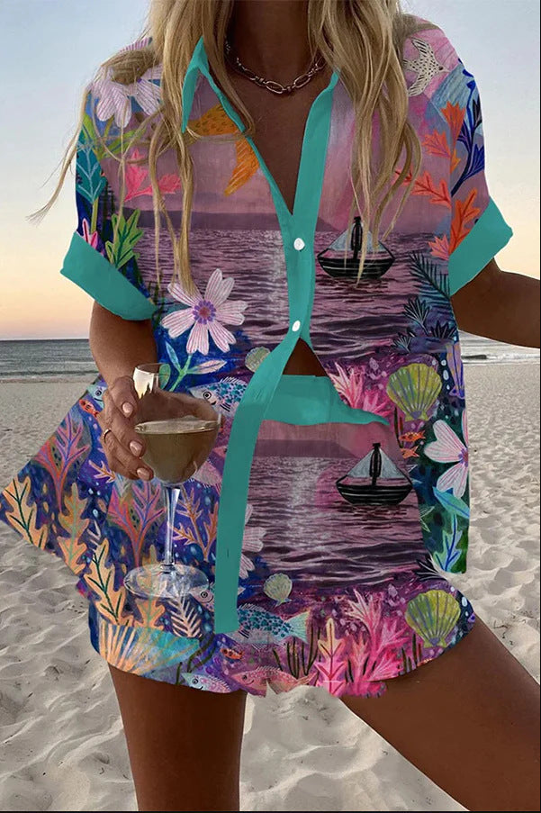 Womens 3D Floral Print Casual Vacation Shirt and Shorts Set