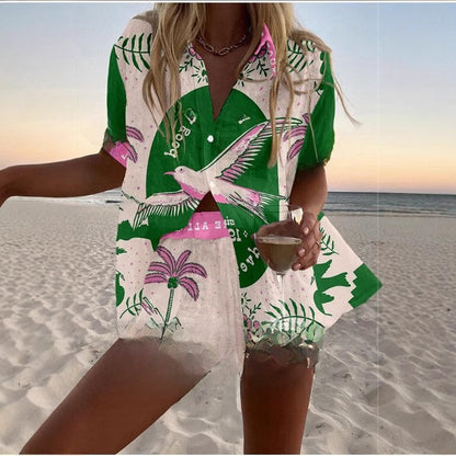 Womens 3D Floral Print Casual Vacation Shirt and Shorts Set