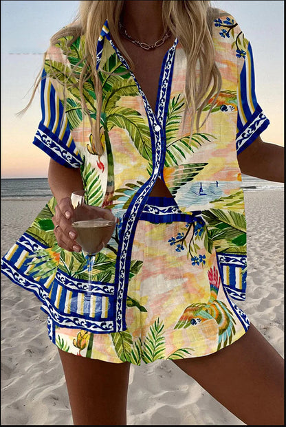 Womens 3D Floral Print Casual Vacation Shirt and Shorts Set