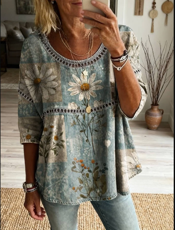 Womens 3D Floral Print Round Neck Dress