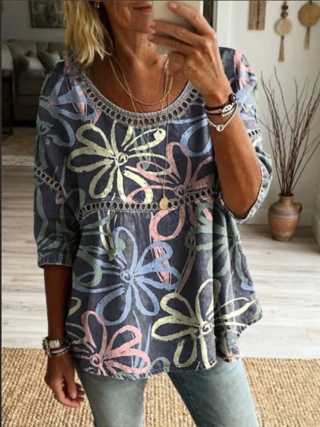 Womens 3D Floral Print Round Neck Dress