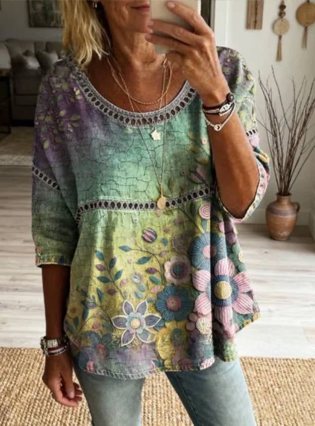 Womens 3D Floral Print Round Neck Dress
