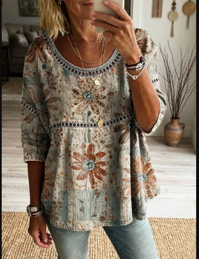 Womens 3D Floral Print Round Neck Dress
