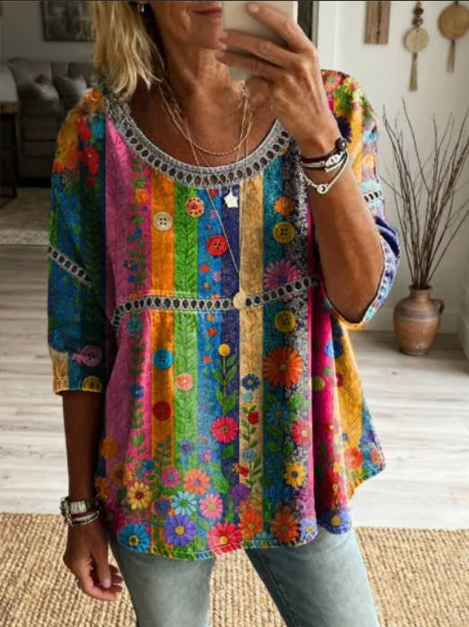 Womens 3D Floral Print Round Neck Dress