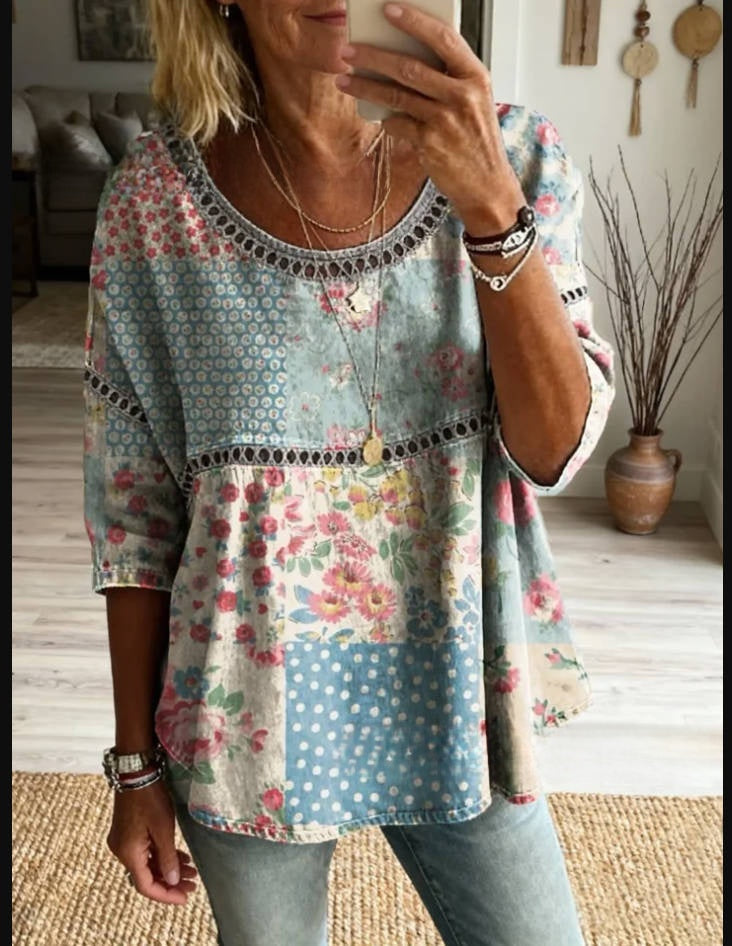 Womens 3D Floral Print Round Neck Dress