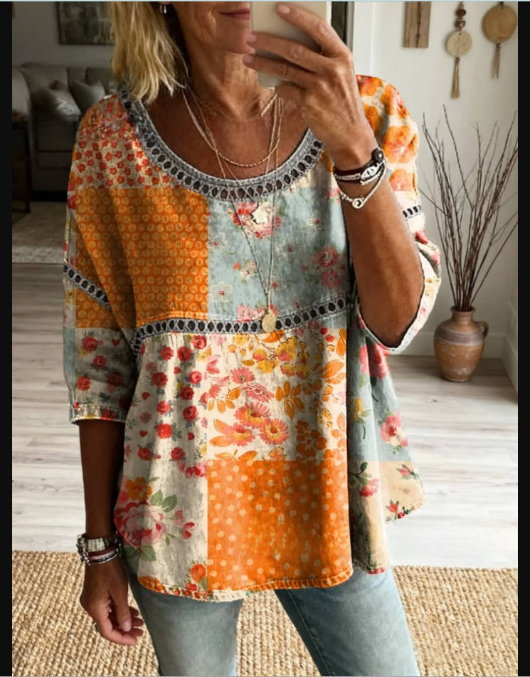 Womens 3D Floral Print Round Neck Dress